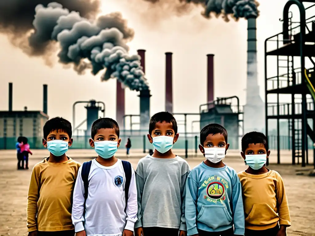 Grupo de niños con mascarillas frente a un parque cubierto de smog, con chimeneas emitiendo humo industrial