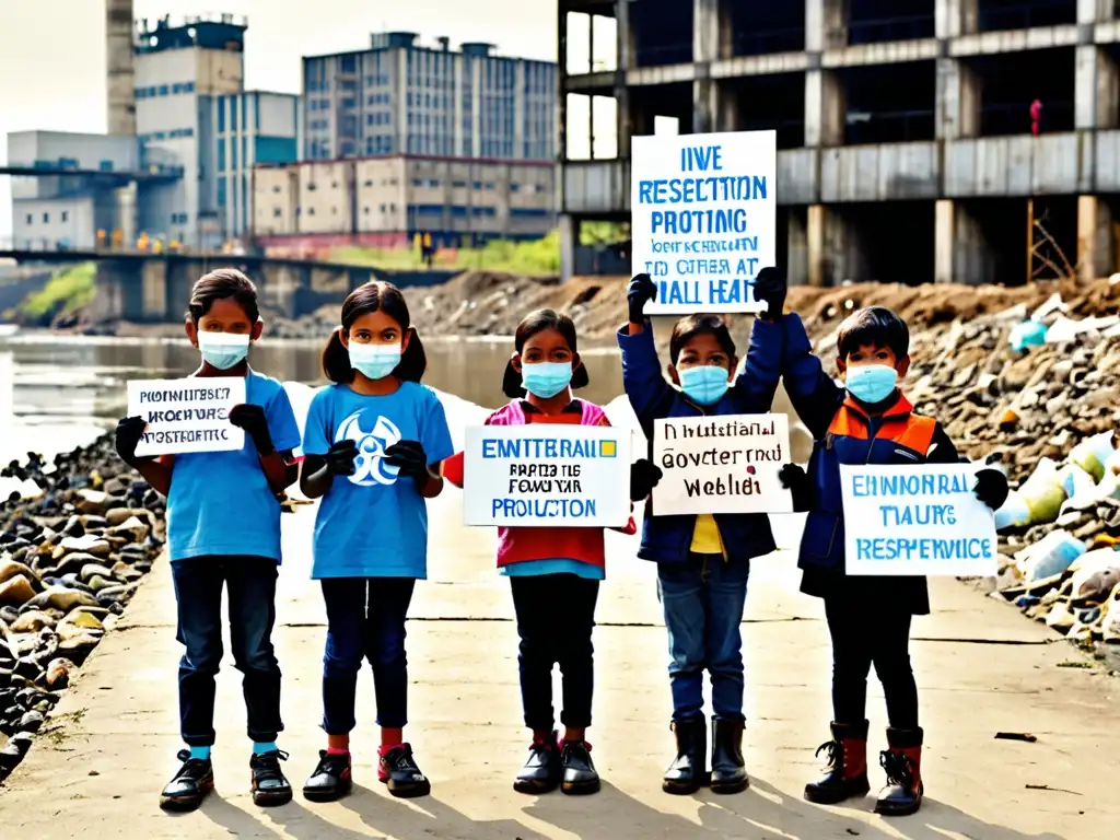 Un grupo de niños con mascarillas y guantes en un río contaminado, sosteniendo carteles de protección ambiental