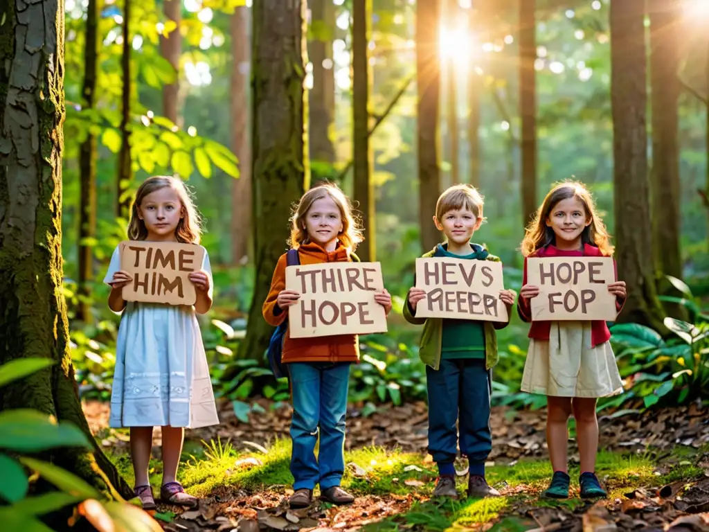 Un grupo de niños no mayores de 10 años sostienen carteles ambientales frente a un exuberante bosque