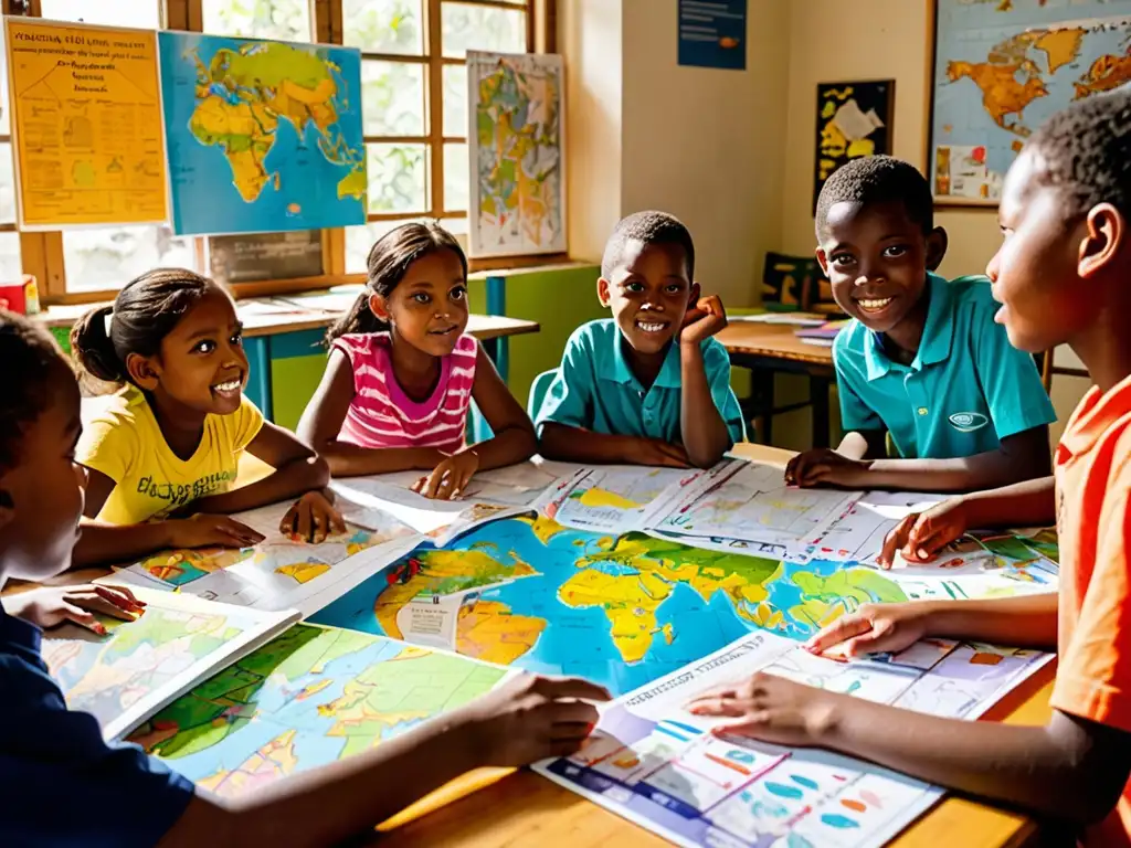 Un grupo de niños diversos discuten animadamente alrededor de una mesa llena de mapas y documentos