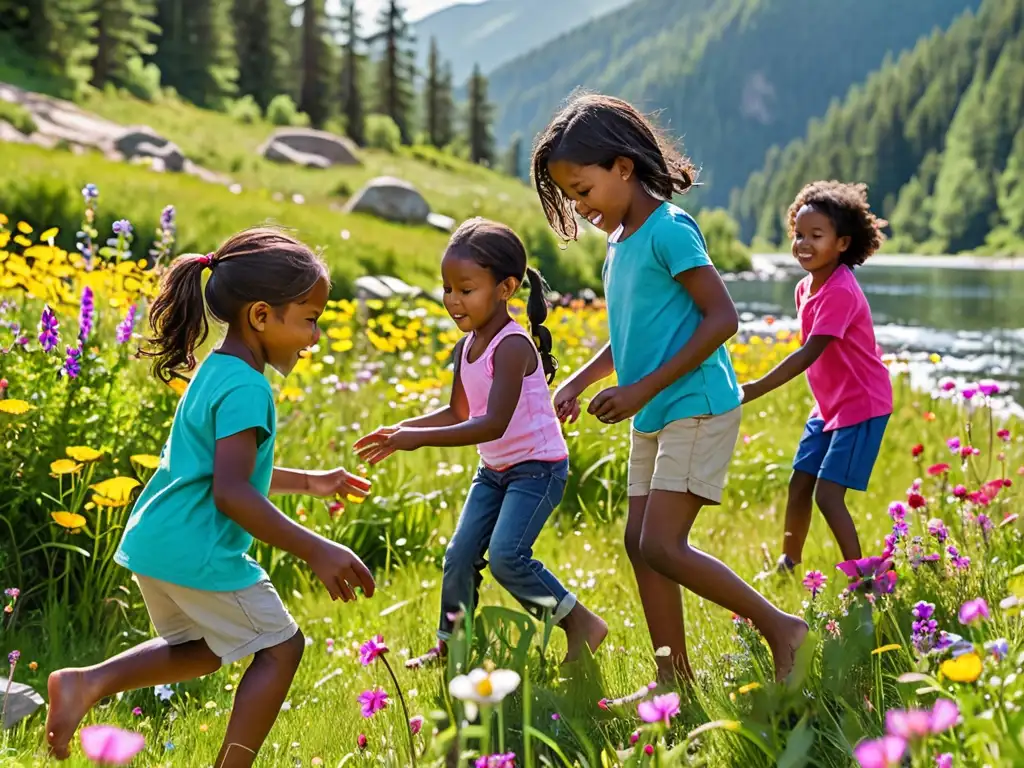 Grupo de niños diversos jugando y explorando la naturaleza en un prado verde y florido, con un río cristalino al fondo