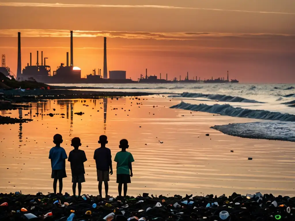 Un grupo de niños observa el océano contaminado al atardecer, con pancartas sobre el impacto del cambio climático en el fondo