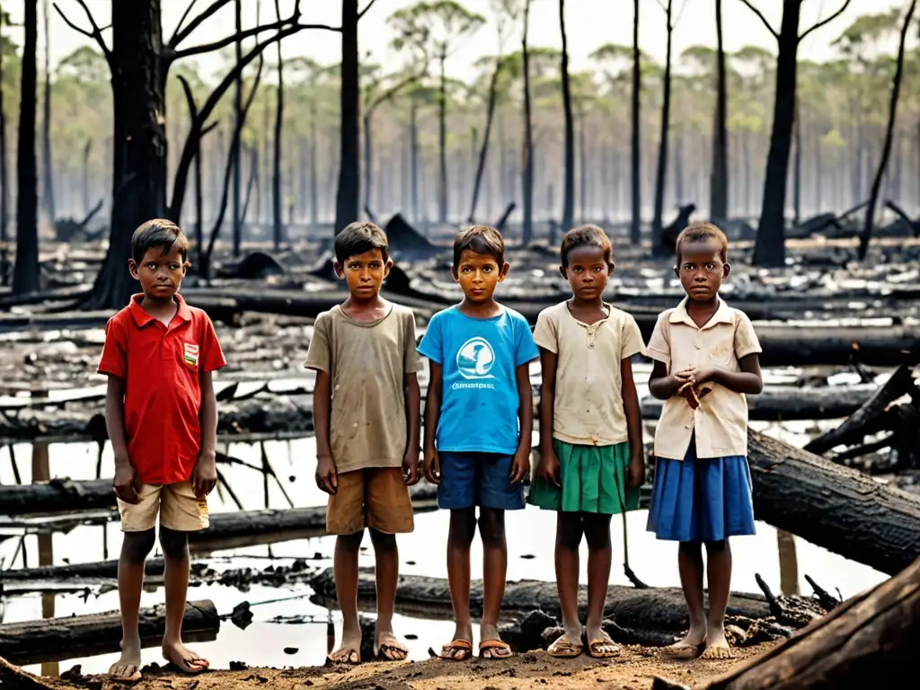 Un grupo de niños observa un paisaje devastado mientras abogados discuten estrategias para proteger sus derechos en casos de desastres ecológicos