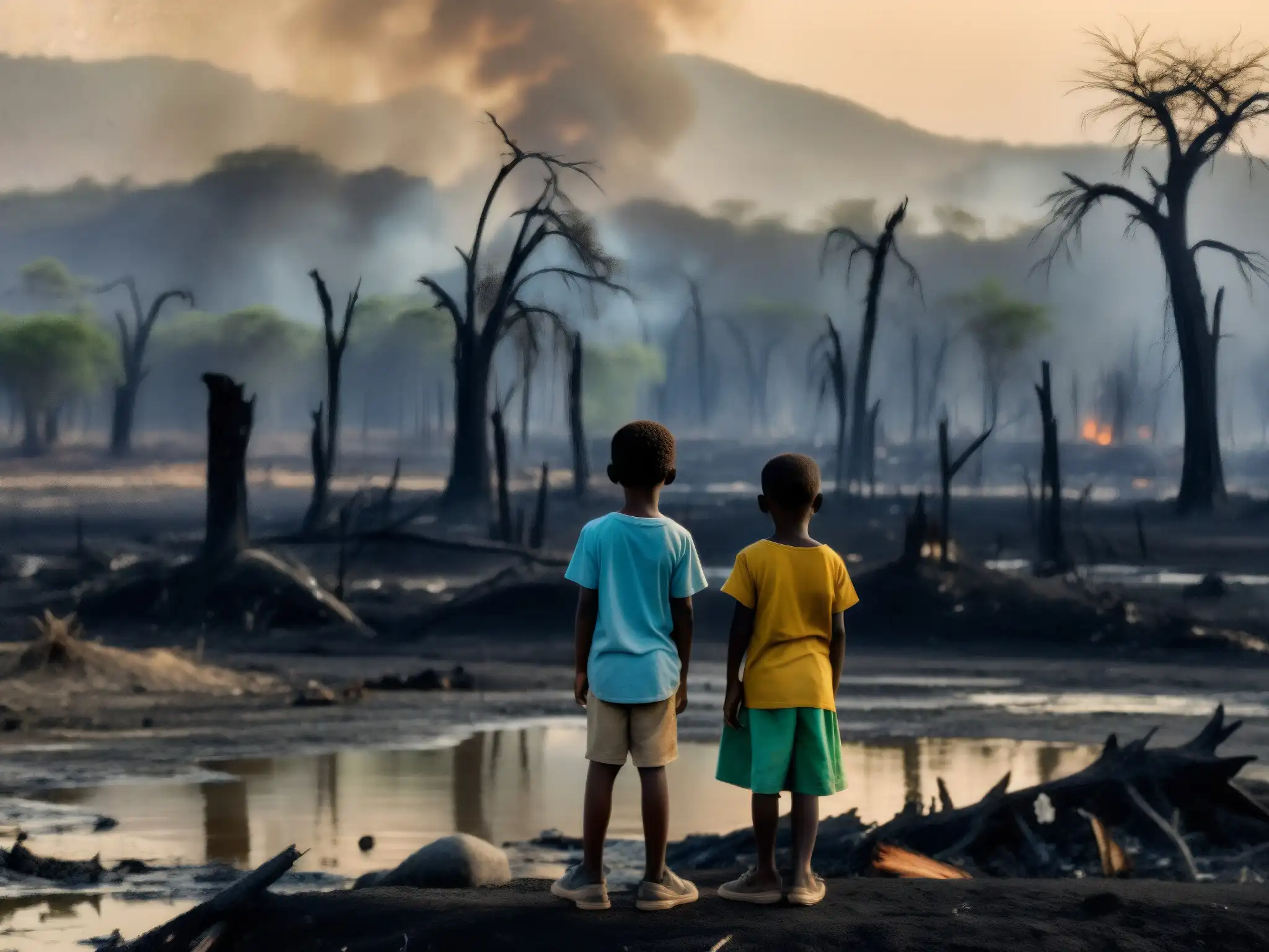 Un grupo de niños observa un paisaje devastado, destacando el impacto de los desastres ecológicos en los derechos de los niños