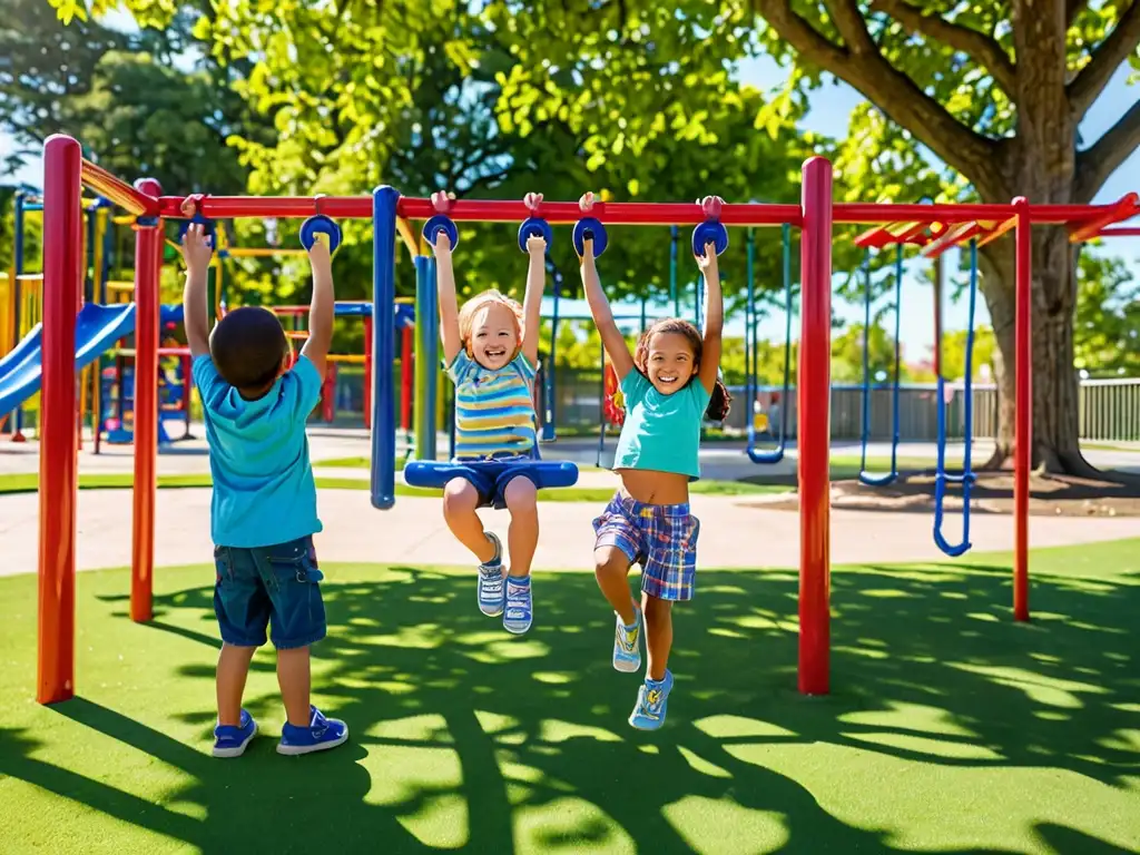 Un grupo de niños disfruta en un parque espacioso y soleado rodeado de árboles vibrantes y equipo colorido