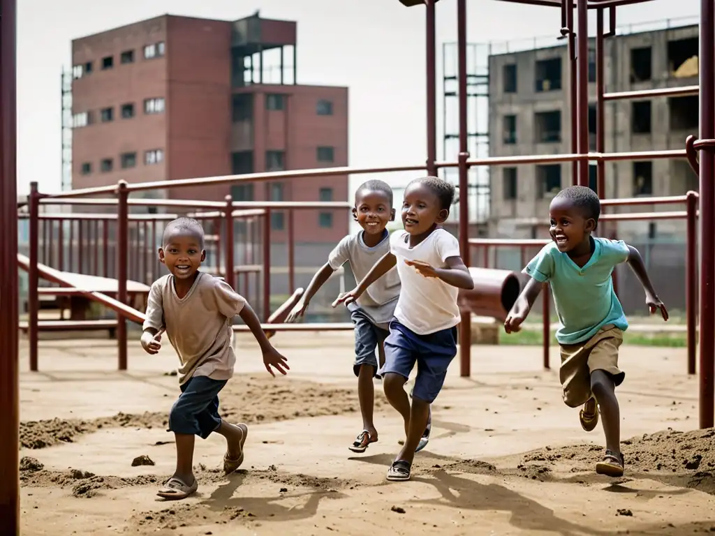 Un grupo de niños juega en un parque infantil, contrastando con la presencia industrial