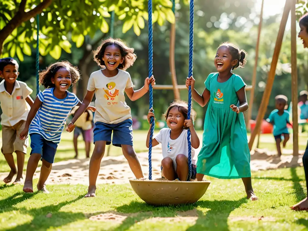 Un grupo de niños jugando y aprendiendo en un parque, rodeados de naturaleza y cuidado