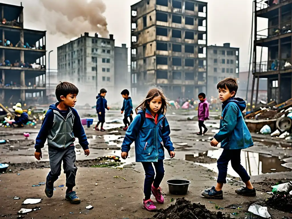 Un grupo de niños juega en un patio urbano contaminado y sucio, rodeado de edificios deteriorados y estructuras industriales