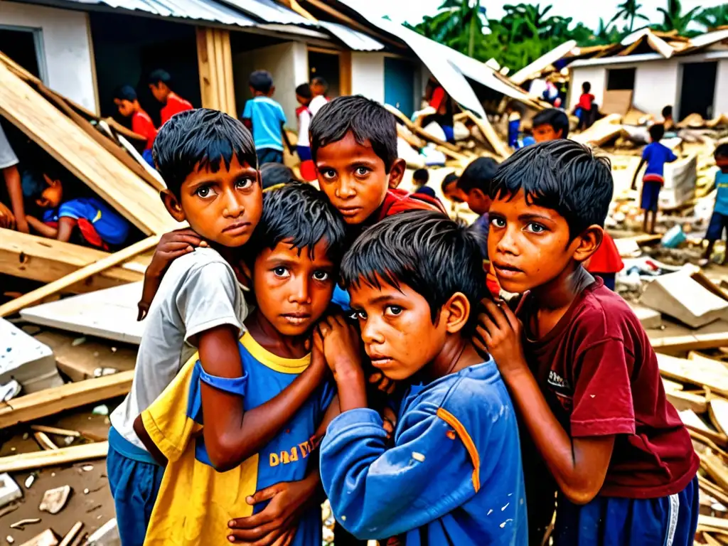 Un grupo de niños se resguarda en un refugio improvisado tras una catástrofe natural, mostrando miedo y resiliencia