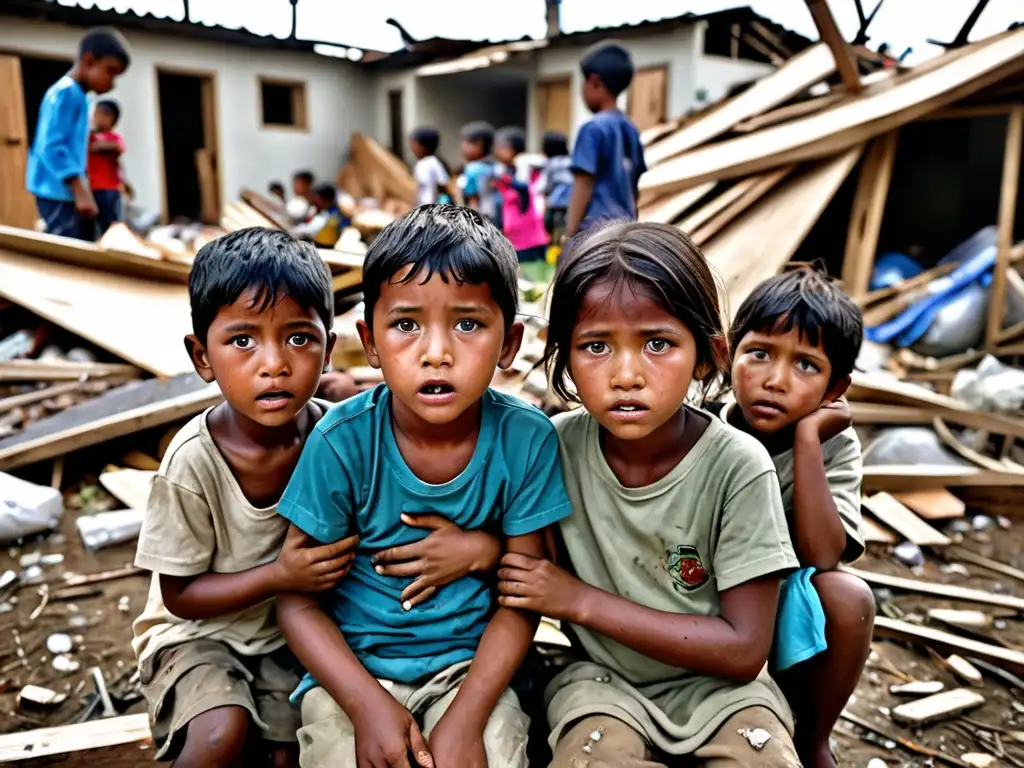 Un grupo de niños se reúnen en un refugio temporal, rodeados de escombros y devastación causados por un desastre natural