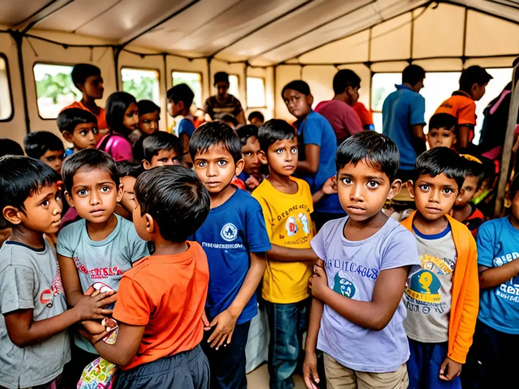 Un grupo de niños se abraza en un refugio, mientras voluntarios y trabajadores proporcionan apoyo durante una tormenta