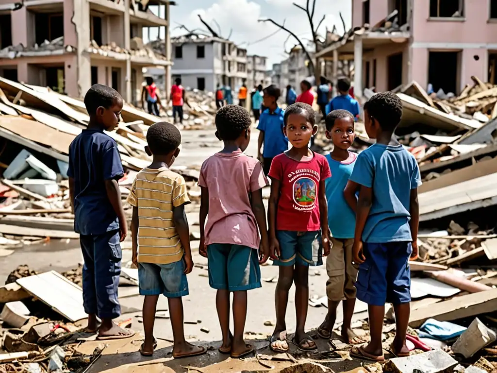 Un grupo de niños en una zona de desastre, mostrando vulnerabilidad y resiliencia