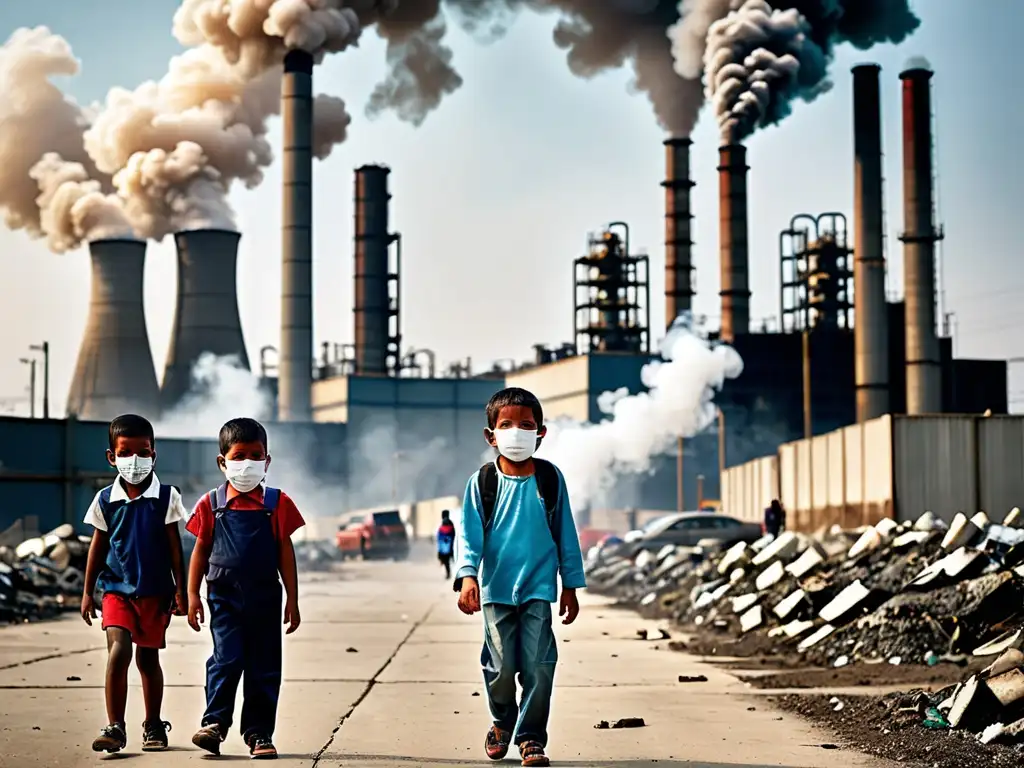 Grupo de niños en zona urbana altamente contaminada, usando máscaras protectoras