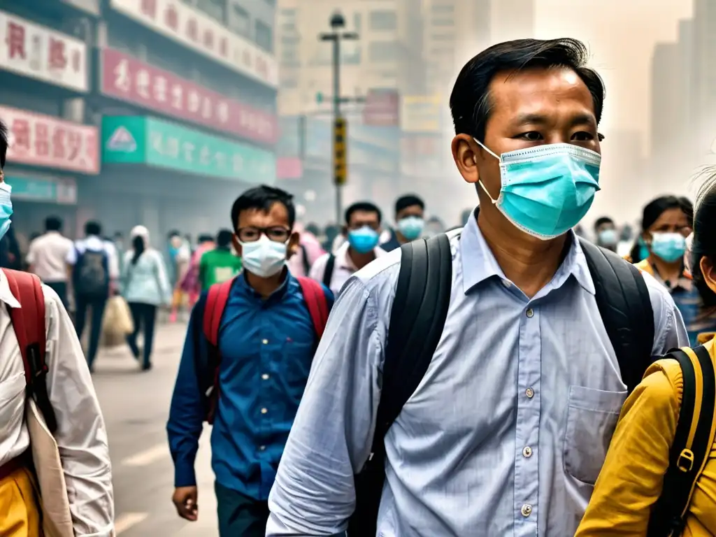 Un grupo de personas con mascarillas camina por una ciudad altamente contaminada