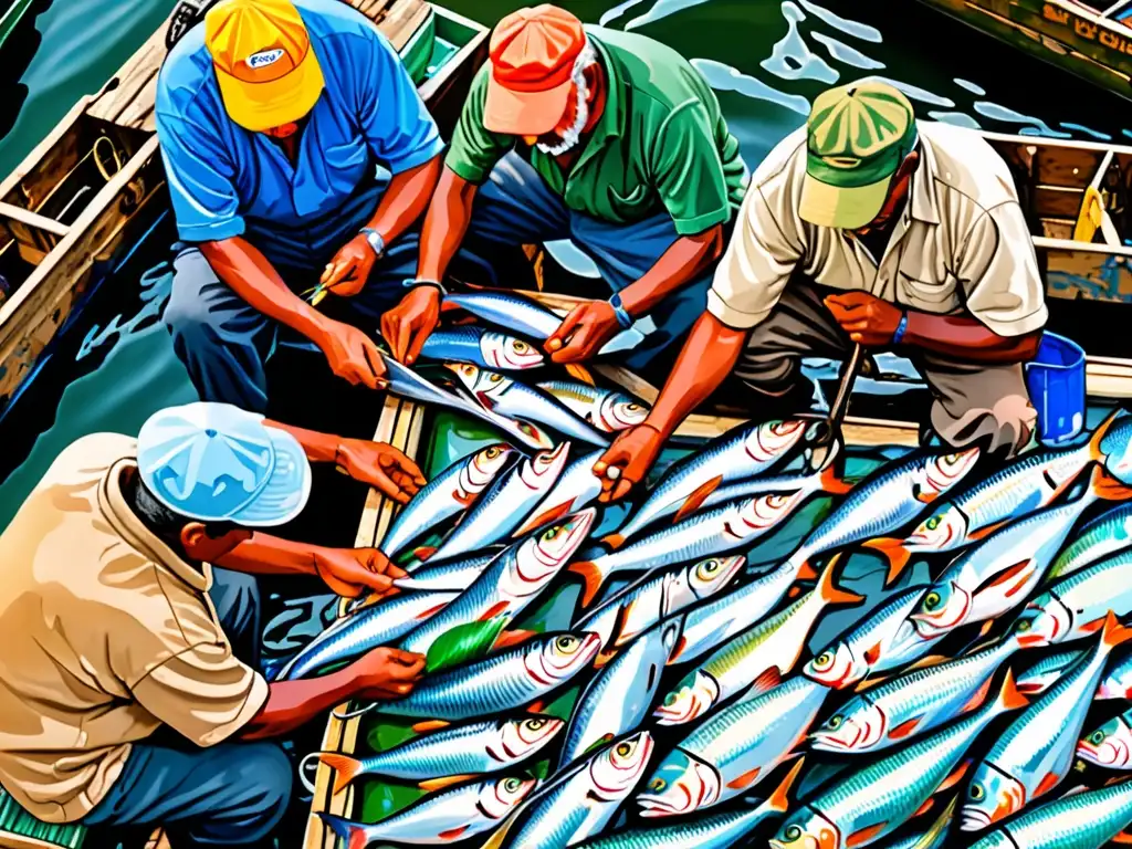 Un grupo de pescadores ordena su captura en un muelle bullicioso, destacando la pesca sostenible responsable