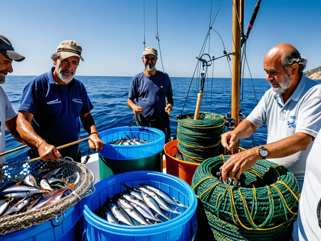 Grupo de pescadores españoles practicando la pesca sostenible responsable en el mar, destacando la belleza de la costa y las aguas azules