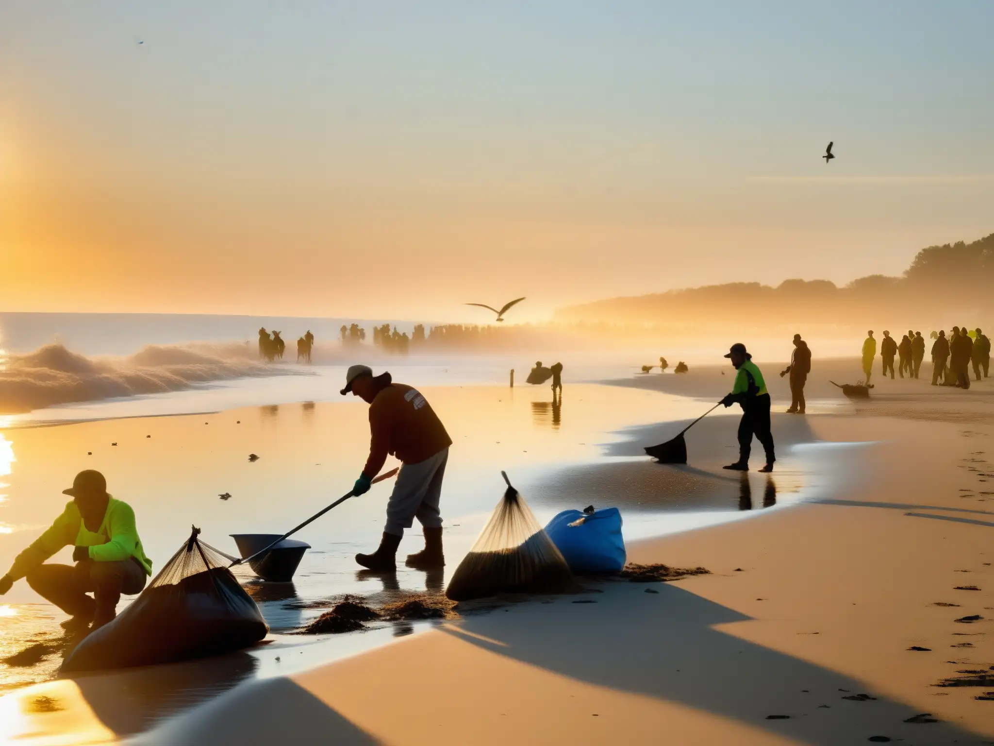 Un grupo de pescadores locales trabajan juntos para limpiar la playa al atardecer, destacando la implementación de leyes de conservación marina