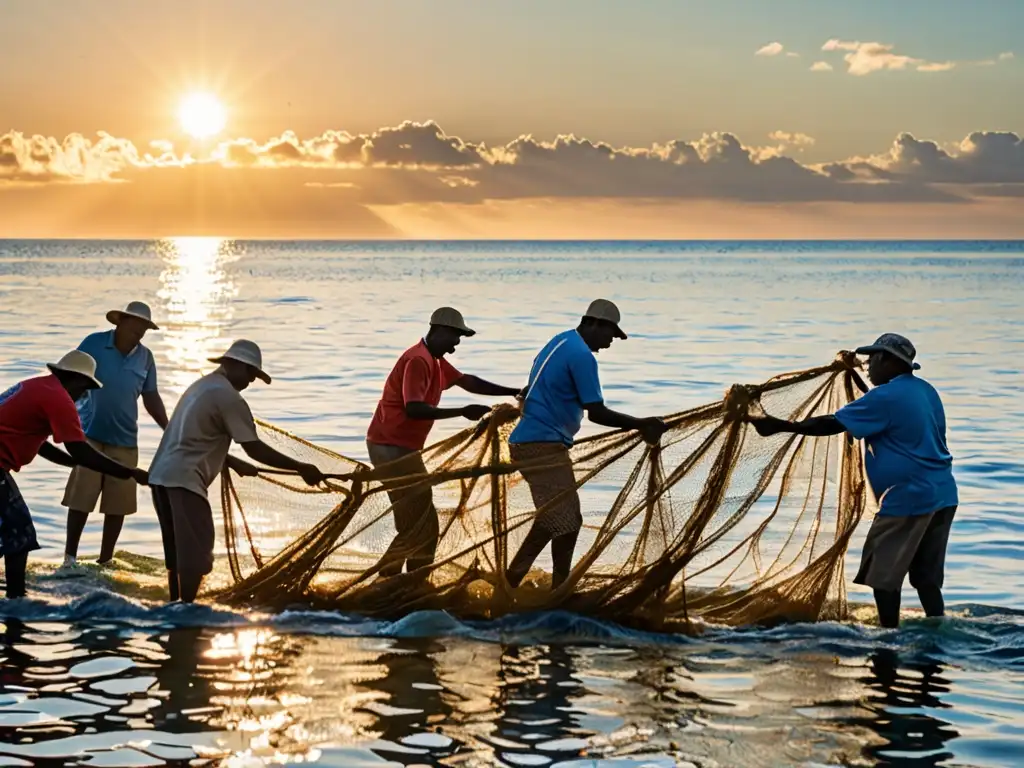 Grupo de pescadores locales trabajando juntos para recoger una red de pesca en el océano, con el sol poniéndose detrás de ellos