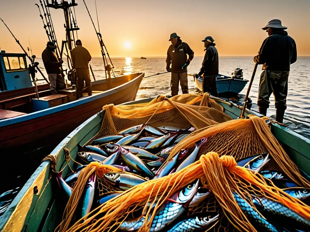 Grupo de pescadores inspeccionando redes en barco pesquero al amanecer, promoviendo la ley pesca sostenible responsable