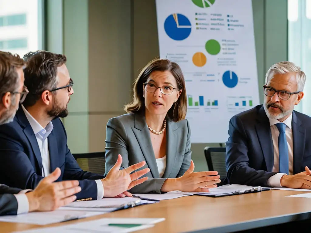 Grupo de profesionales en una animada discusión sobre estrategias sostenibles en el Pacto Verde de la UE