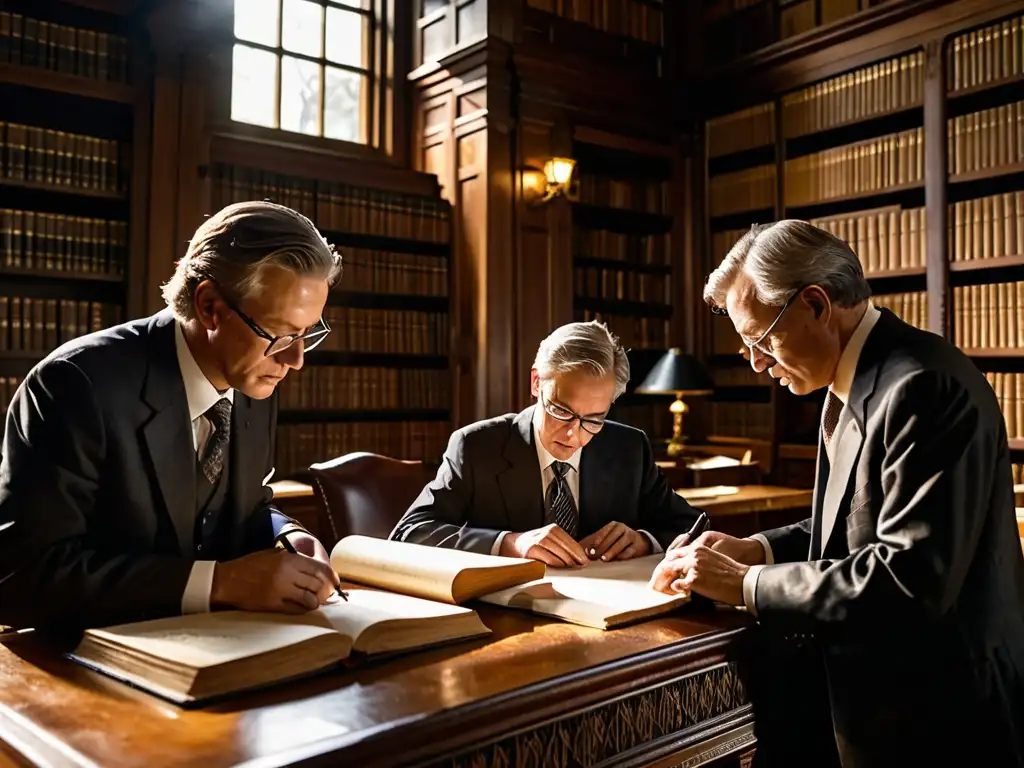 Un grupo de profesionales legales analiza minuciosamente documentos en una biblioteca de paneles de madera iluminada por la luz solar