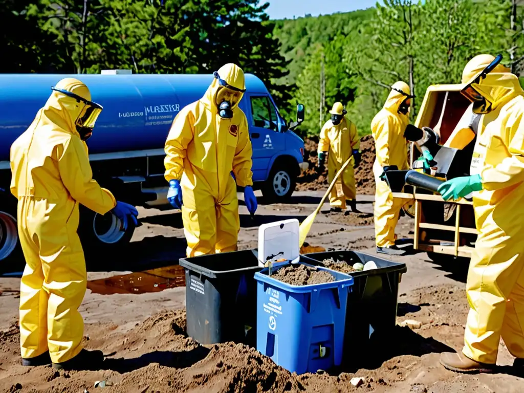 Un grupo de profesionales en trajes protectores realizando una limpieza de residuos peligrosos