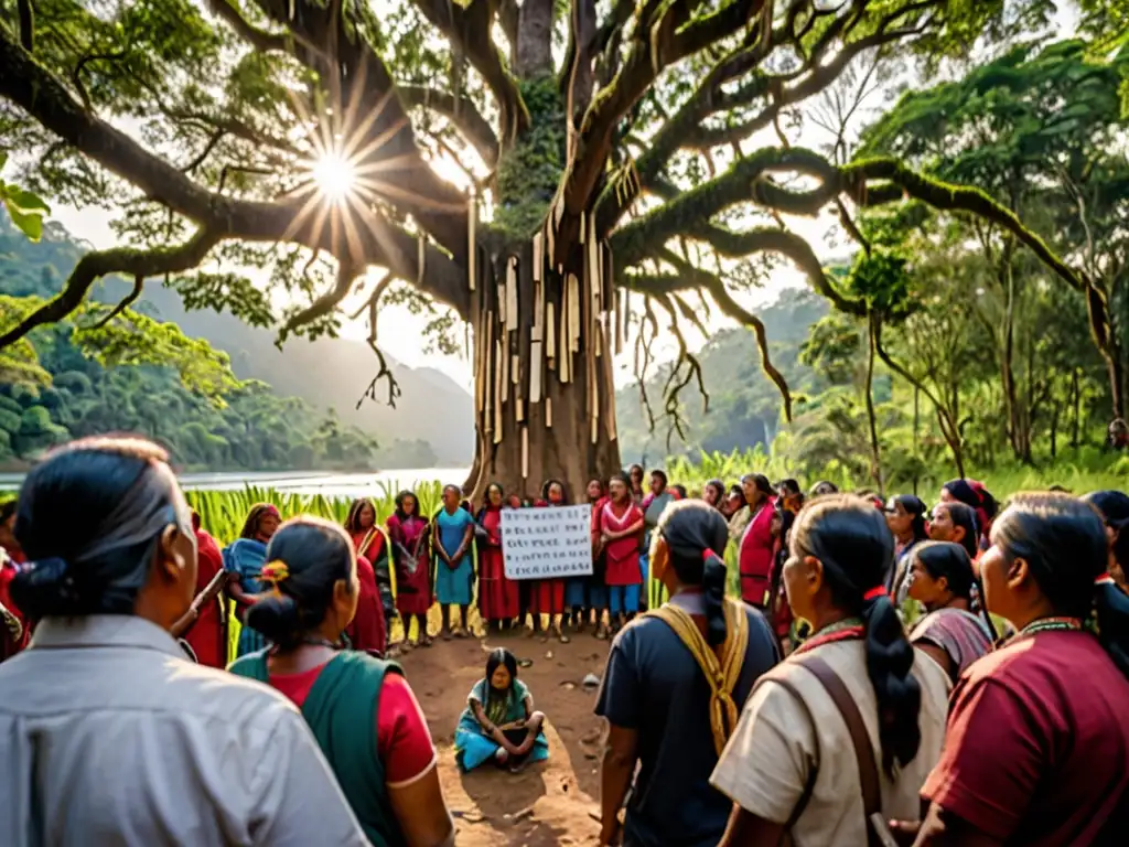 Grupo indígena defiende su tierra junto a árbol sagrado en bosque exuberante