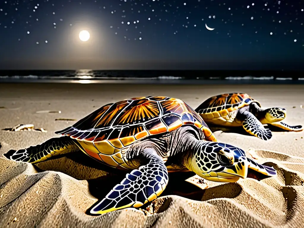 Protegiendo tortugas marinas en la noche Grupo de tortugas marinas en anidación bajo la luna en una playa remota, destacando la importancia de CITES en conservación