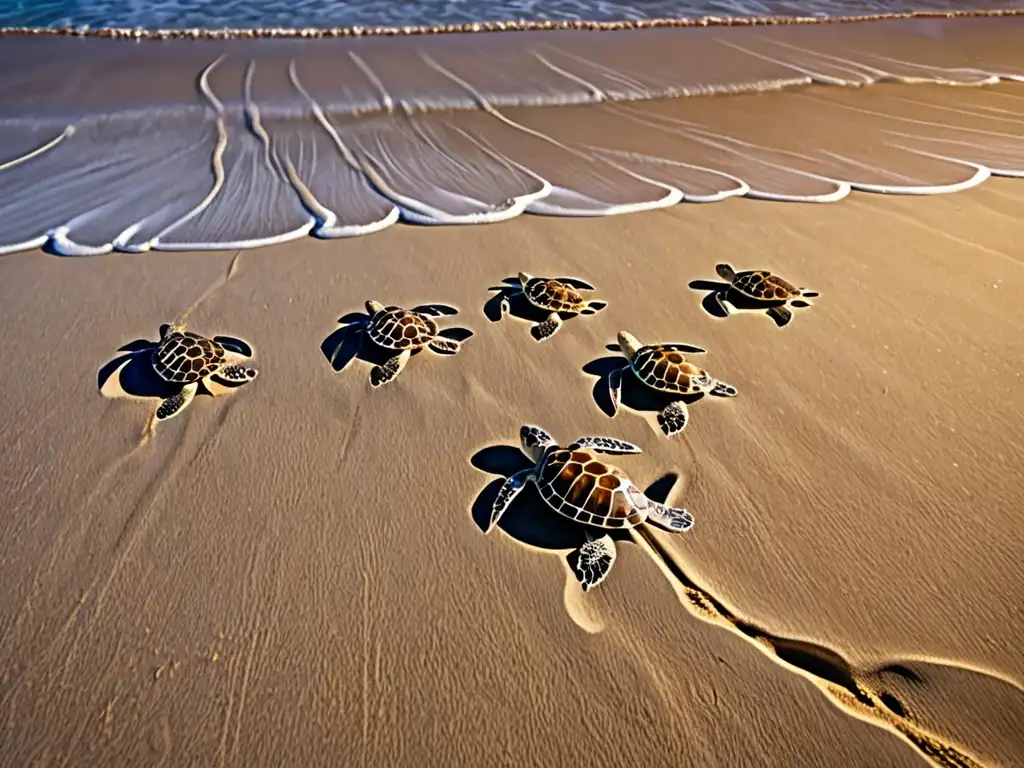 Un grupo de tortugas marinas en peligro de extinción atraviesa una playa iluminada por la luna, sus huellas marcadas en la arena