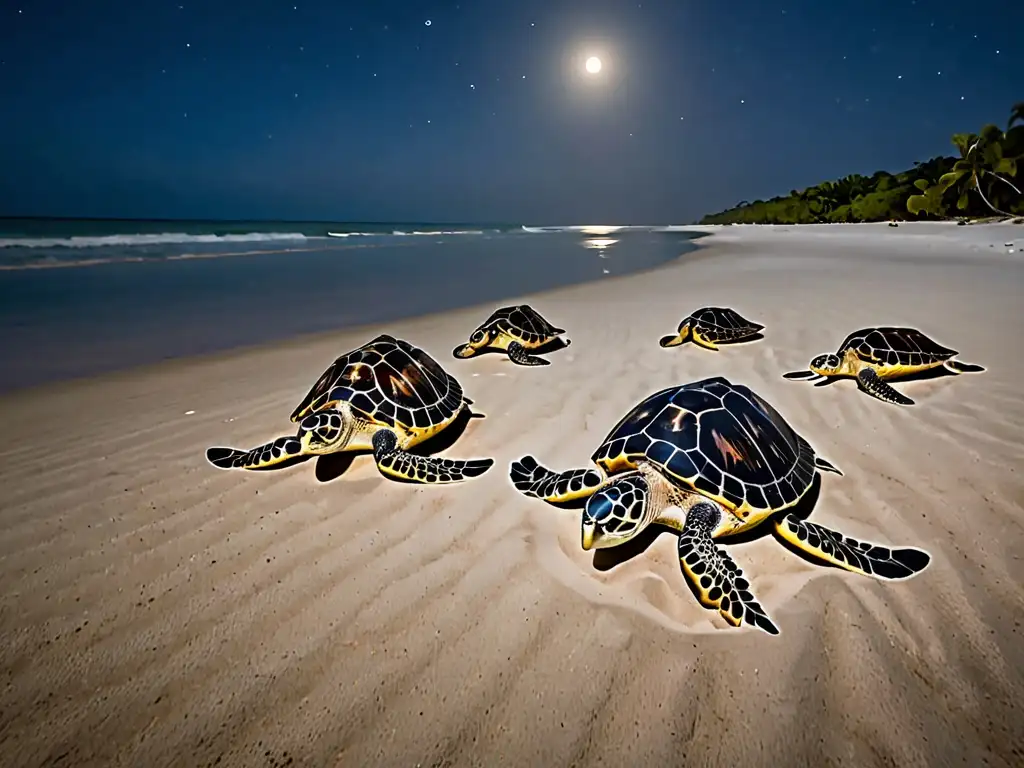 Un grupo de tortugas marinas en peligro anida en una playa remota de noche, mientras la luna ilumina la escena