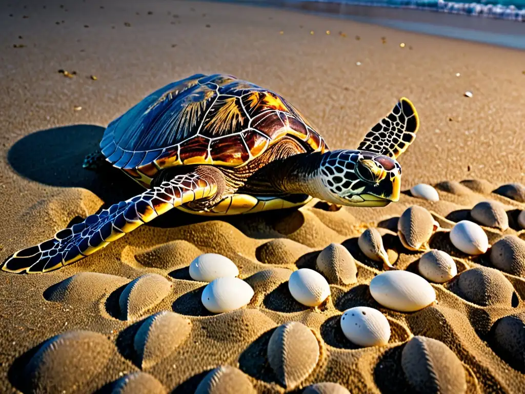 Grupo de tortugas marinas en una playa iluminada por la luna, rodeadas de conservacionistas