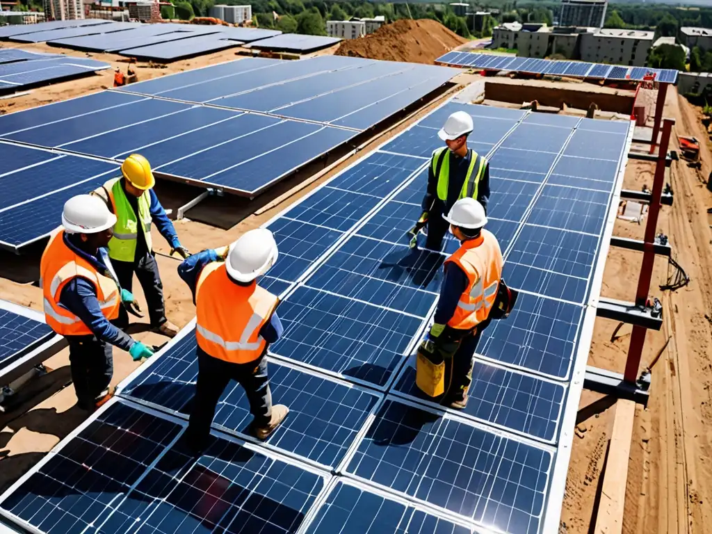 Un grupo de trabajadores de la construcción instala paneles solares en un edificio moderno bajo un cielo azul