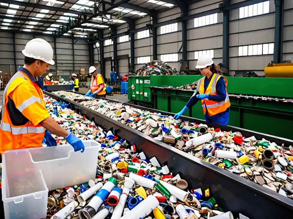 Un grupo de trabajadores clasifica con meticulosidad materiales reciclables en una bulliciosa planta de reciclaje