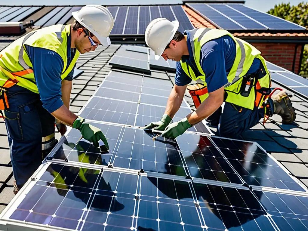 Un grupo de trabajadores instalando paneles solares en un techo con precisión y seguridad bajo la brillante luz del sol