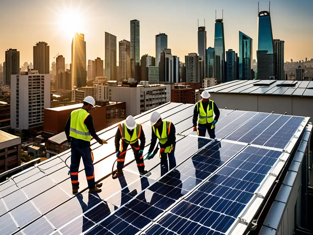 Un grupo de trabajadores instalando paneles solares en un edificio de una ciudad, con un brillo cálido del sol