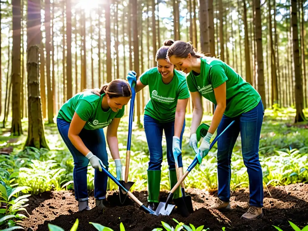 Grupo de voluntarios corporativos con camisetas iguales plantando árboles en un bosque exuberante, en una iniciativa de regulación ambiental corporativa internacional