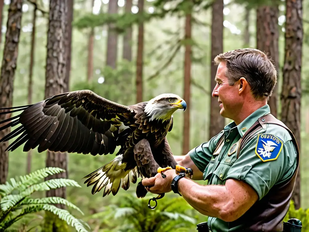 Un guardabosques libera con cuidado un águila rehabilitada en un bosque exuberante, destacando la legislación de fondos para conservación ambiental