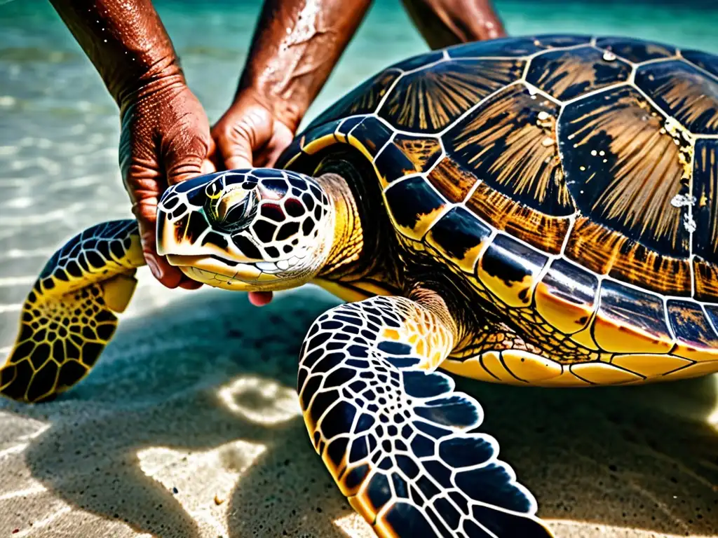 Un guardabosques libera con cuidado a una tortuga marina rehabilitada en el océano, destacando la importancia de proteger especies en peligro