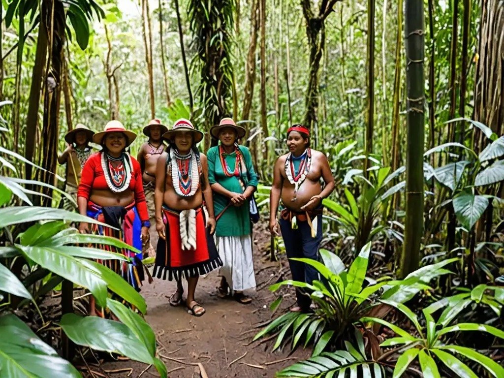 Guías indígenas llevan a turistas por exuberante selva, mostrando beneficios del ecoturismo para territorios indígenas