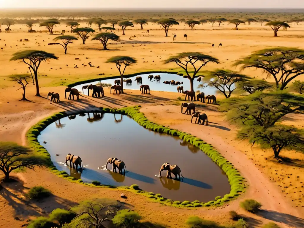 Herd of elephants and giraffes in African savanna, destacando la conservación en parques nacionales de África