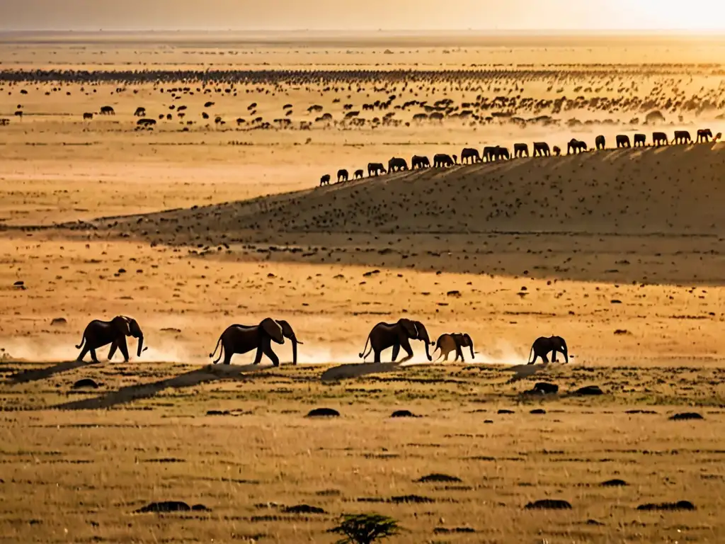 Herd of elephants and lion in Serengeti National Park at sunset, destacando la importancia del marco legal para parques nacionales en África