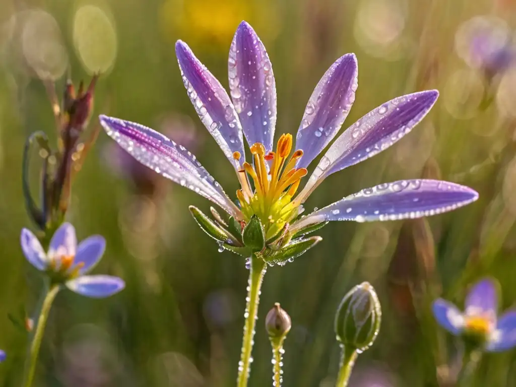 Hermosa flor silvestre europea con rocío y luz matutina, rodeada de flora autóctona