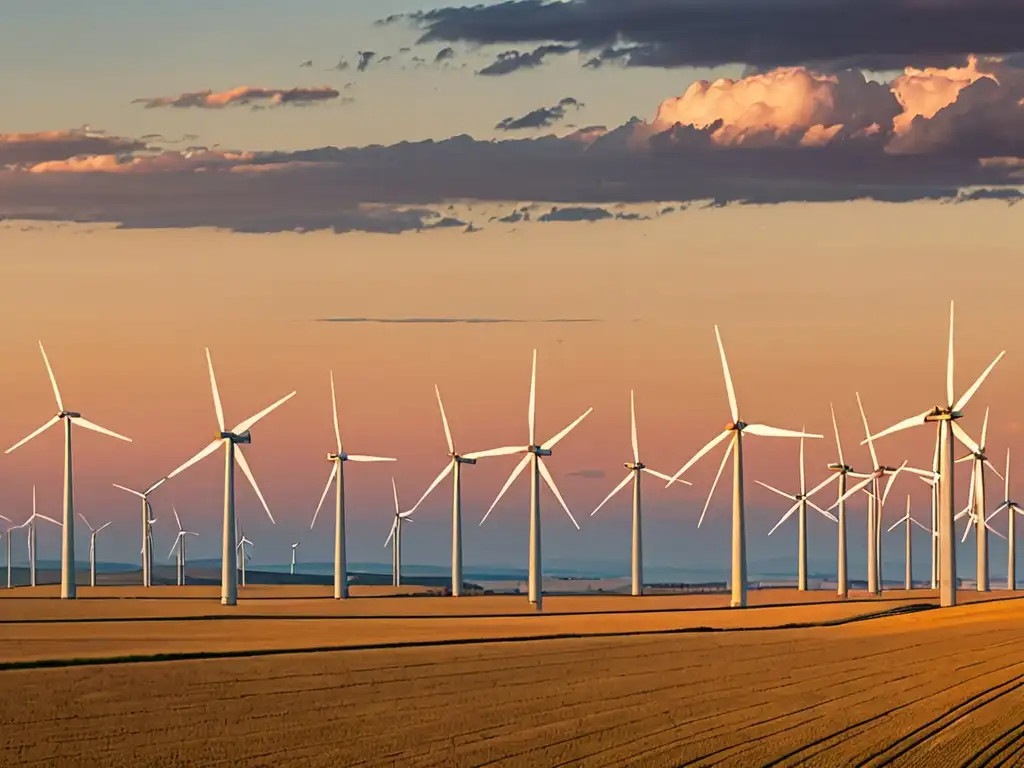 Una hermosa panorámica de un parque eólico en Europa, simbolizando la legislación de transición energética en el continente hacia un futuro sostenible