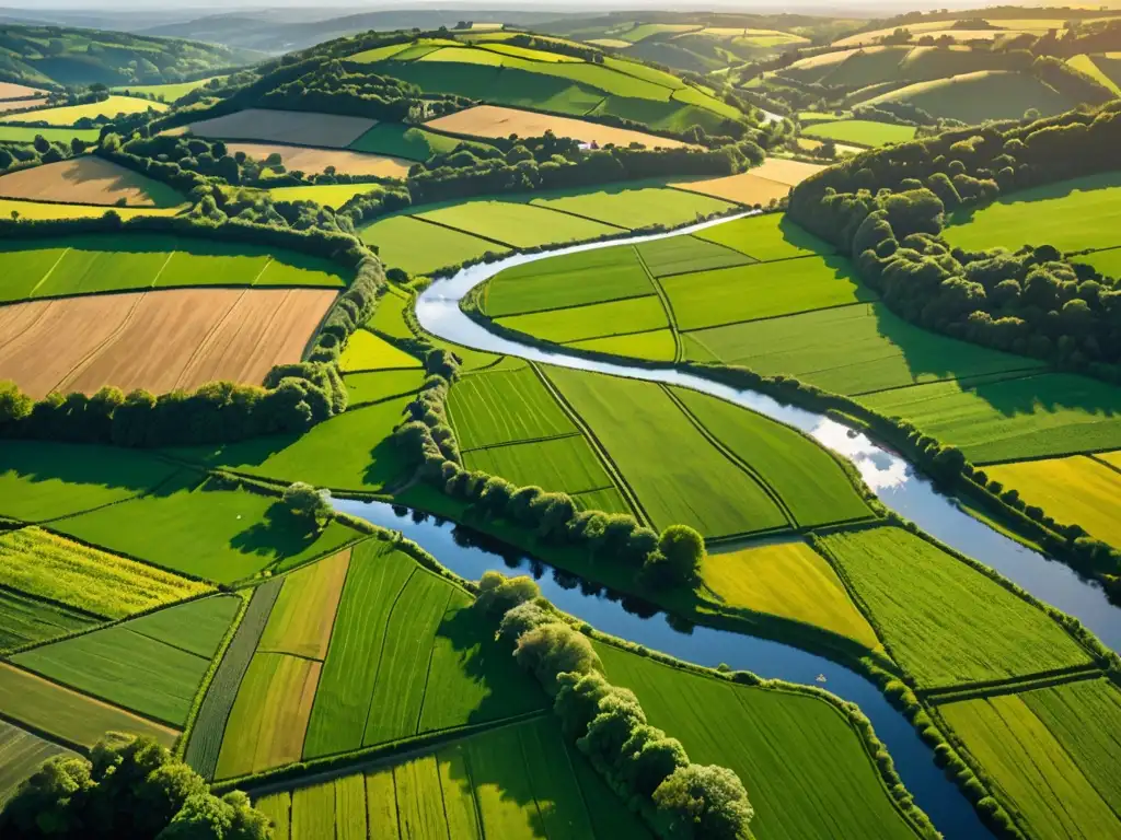 Hermosa vista aérea de campos verdes y río cristalino, equilibrio entre desarrollo y conservación ambiental