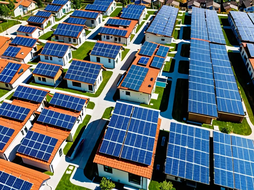 Una hermosa vista de un vecindario residencial con paneles solares en los techos, bajo un cielo azul claro