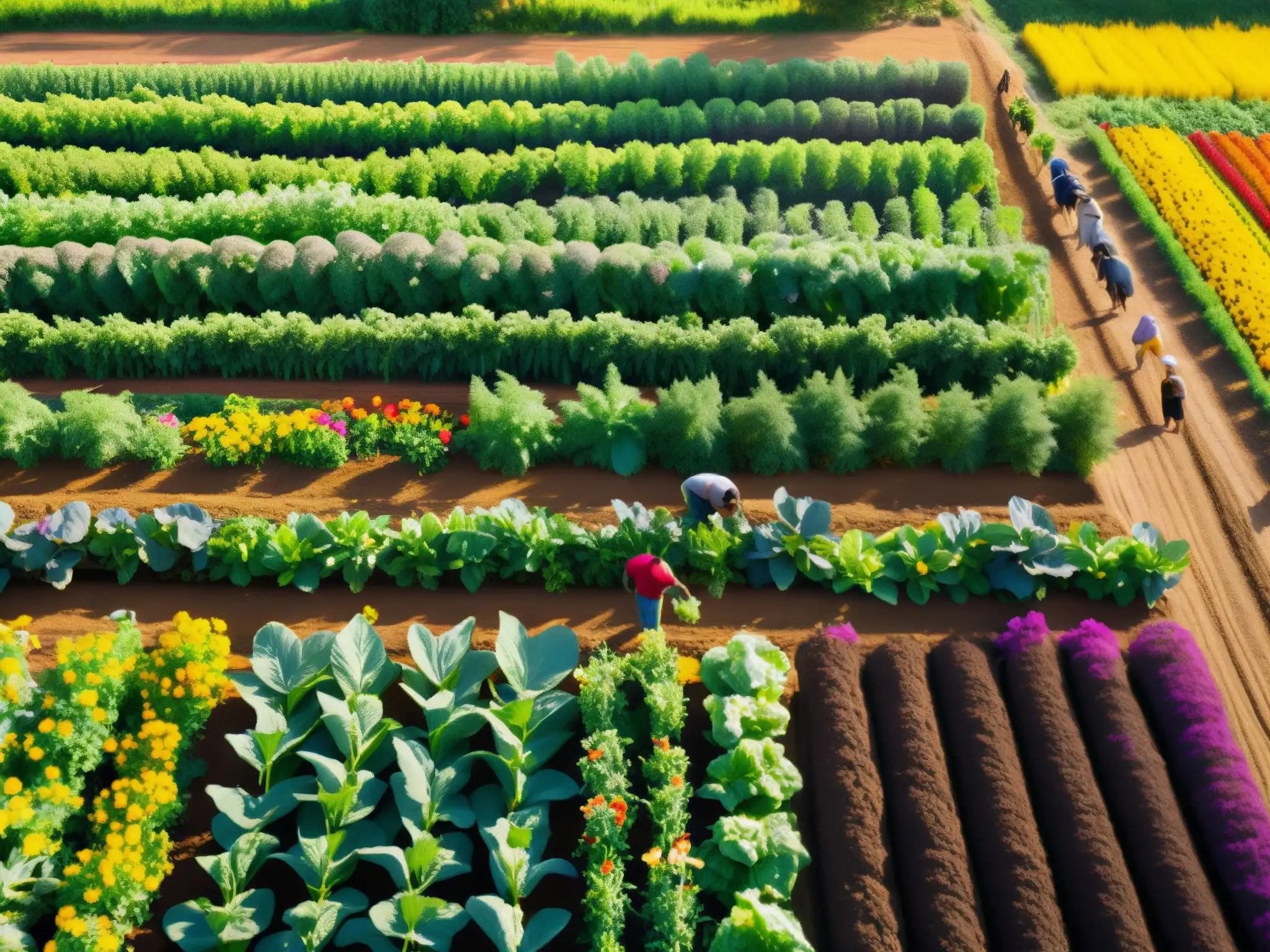 Un hermoso paisaje de agricultura regenerativa beneficios ambientales, con cultivos diversificados floreciendo y vida en equilibrio