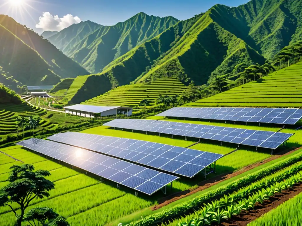 Un hermoso paisaje de paneles solares en una granja, rodeada de exuberantes montañas verdes en Asia