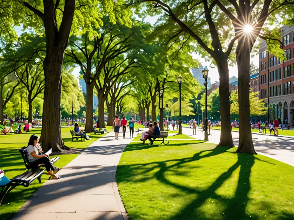 Un hermoso parque urbano lleno de árboles, flores y áreas verdes, donde la gente disfruta de actividades al aire libre