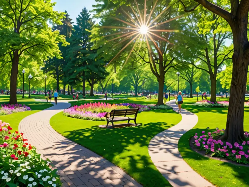 Un hermoso parque urbano con senderos serpenteantes rodeados de árboles verdes y flores en plena floración