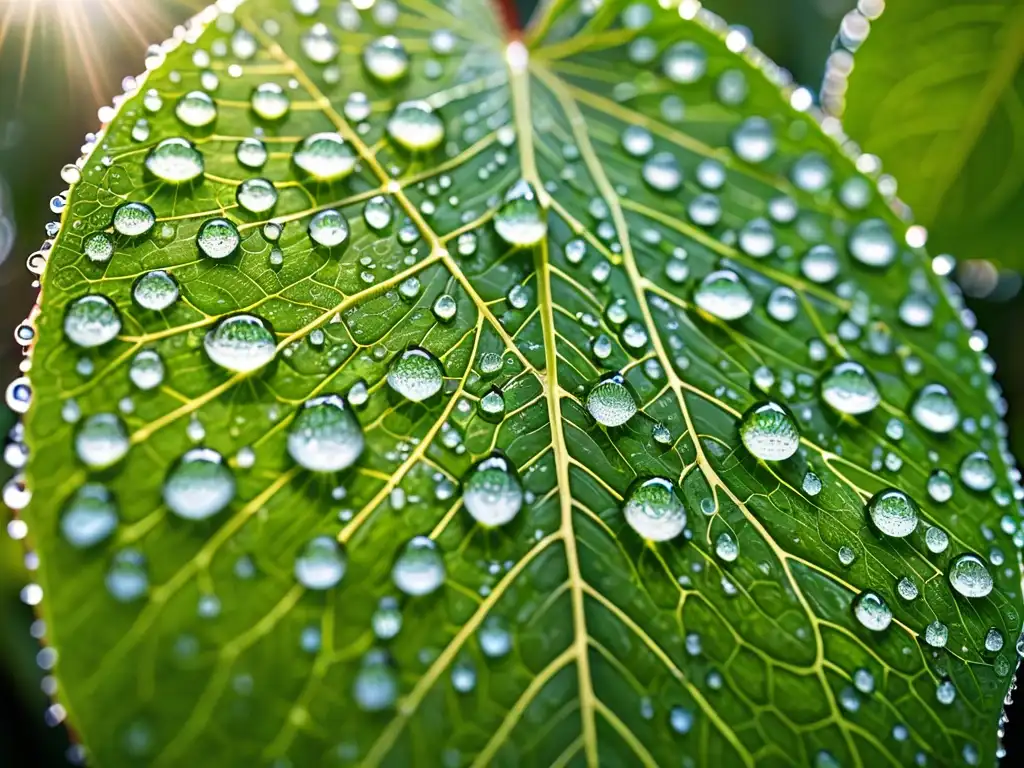 Una hoja verde vibrante cubierta de gotas de rocío, con la luz del sol filtrándose a través del dosel